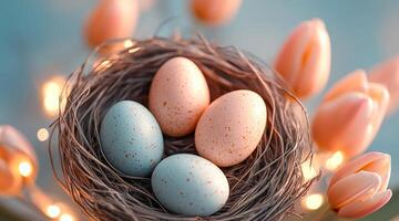 Colorful eggs in a nest surrounded by tulips. Four speckled eggs resting in a cozy nest, surrounded by blooming tulips and warm, soft lighting. photo