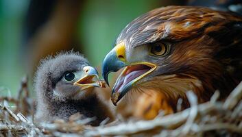 Mother hawk feeding her baby chick in the nest. A mother hawk feeds her fluffy chick with a small morsel in their nest among twigs and foliage. photo