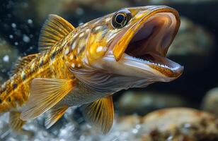 Freshwater fish jumps out of clear water stream. A colorful fish leaps from a sparkling stream, capturing nature's vibrant beauty in a moment. photo