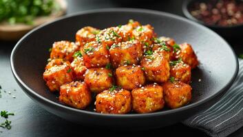 Savory crispy tofu bites garnished with herbs. Crispy tofu bites coated in spicy sauce and herbs served in a black bowl, perfect for sharing at a meal or snack. photo
