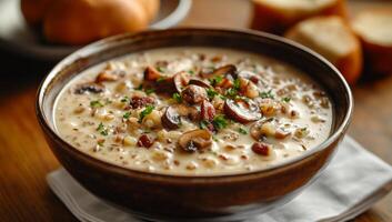 Cozy soup with bread rolls served warm. A rich, creamy soup with mushrooms and herbs is served in a bowl alongside warm bread rolls in a welcoming atmosphere. photo