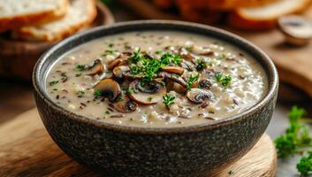 Creamy mushroom soup with fresh herbs and bread. A bowl of creamy mushroom soup garnished with herbs sits on a wooden surface beside slices of bread, inviting enjoyment. photo