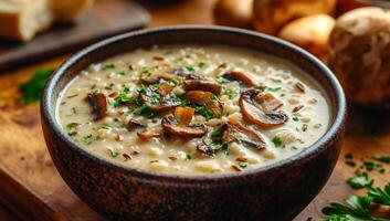 Creamy mushroom soup served in a rustic bowl. A bowl of creamy mushroom soup with herbs sits on a wooden table, surrounded by fresh ingredients. photo