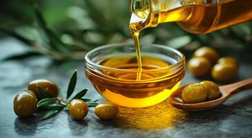 High-quality olive oil poured into a bowl. Rich golden olive oil is poured from a glass container into a small bowl surrounded by olives and olive branches. photo