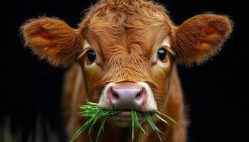Cute calf chewing grass in a natural setting. A young calf stands calmly, chewing on fresh grass against a dark background, showcasing its playful nature. photo