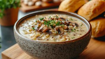 Delicious bowl of creamy mushroom soup with rolls. A hearty bowl of creamy mushroom soup topped with fresh herbs, accompanied by soft bread rolls on a wooden board. photo