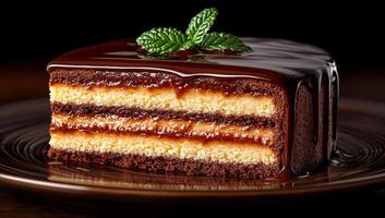 Delicious chocolate cake slice with mint garnish. A tempting slice of chocolate layer cake sits on a dark plate, topped with a mint leaf for decoration. photo