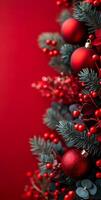 Beautiful Christmas decorations in rich red hues. Festive decorations showcase bright red ornaments and greenery, creating a joyful holiday atmosphere in a cozy setting. photo