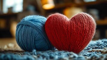 Bright blue yarn next to a red heart-shaped object. Soft blue yarn rests beside a heart-shaped red object in a cozy indoor setting, filled with warm lighting. photo