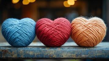 Colorful yarn balls arranged in a cozy setting. Three pastel yarn balls in heart shapes rest on a rustic wood surface, adding a warm, inviting touch. photo