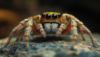 Colorful spider with intricate details. A colorful spider with striking features is perched on a rock, exhibiting its unique patterns and textures in nature. photo