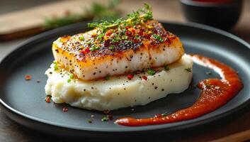 Tasty fish served on creamy mashed potatoes. A perfectly cooked piece of fish rests on smooth mashed potatoes, garnished with herbs and drizzled with sauce. photo
