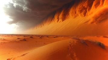 A powerful sandstorm engulfs the vast Sahara desert, creating a mesmerizing spectacle of swirling orange and brown dunes against dark clouds. photo