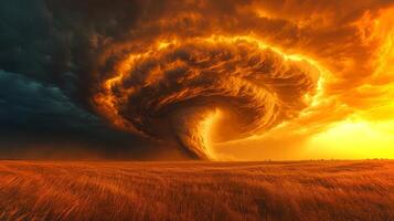 A tornado is forming over a vast open plain as the sun sets, casting a golden hue on the swirling clouds and creating a striking visual contrast. photo