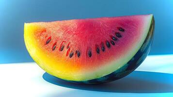 Juicy watermelon displays a rainbow of colors with a striking striped pattern as it is cut open, revealing its bright red flesh and tiny black seeds. photo