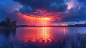 Dark clouds gather over a calm lake as a thunderstorm approaches. Lightning illuminates the sky, blending with the orange and purple hues of sunset. photo
