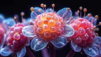 Vibrant giant raspberry blossoms showcase clusters of berries, all glistening with dew under soft lighting, highlighting their textured surface beautifully. photo