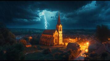 Lightning violently illuminates the sky as it strikes the steeple of a picturesque church amidst dark storm clouds, creating a captivating display of nature's power. photo