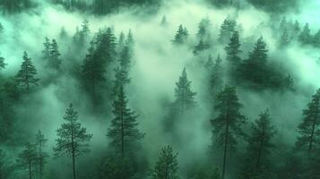 A tranquil pine forest is shrouded in dense fog, creating a mystical atmosphere as soft light filters through the trees. Nature's beauty is on full display. photo