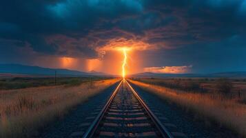 A dramatic bolt of lightning lights up railway tracks as dark storm clouds gather above. The scene captures a powerful coexistence of nature and infrastructure. photo