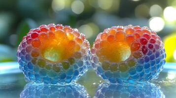 Bright blue raspberry halved to reveal rainbow-colored seeds glistening under natural light, creating a visually stunning display of colors and textures. photo