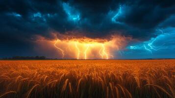 Lightning bolts strike down in a thunderous display, lighting up a vast wheat field beneath dark, swirling clouds at dusk. photo