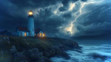 Bright flashes of lightning pierce dark storm clouds over a coastal lighthouse, creating a captivating atmosphere during a nighttime tempest. photo