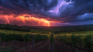 A vibrant lightning storm unfolds over a vineyard at dusk, creating a striking contrast with the dark clouds and golden vines below, showcasing nature's power. photo