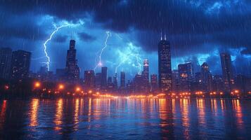 Lightning arcs dramatically between dark storm clouds, casting bright flashes over a city's skyline reflected in water. Rain clouds add an intense atmosphere. photo