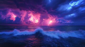 Dark clouds roll over the ocean as bright lightning strikes illuminate the sky, creating an awe-inspiring spectacle at dusk. photo