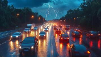 Storm clouds gather above as lightning arcs across the sky, casting a surreal glow over the rain-drenched highway filled with vehicles. photo
