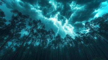 Dark storm clouds roll in, illuminating the dense forest below with flashes of lightning. Tall trees sway dramatically, caught in the brewing tempest. photo