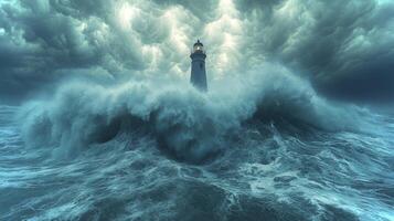 A sturdy lighthouse endures powerful waves crashing all around as dark storm clouds loom overhead, creating a striking contrast in a tumultuous atmosphere. photo