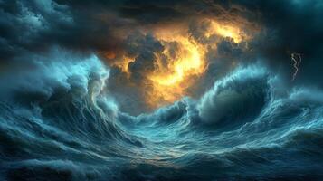 Massive waves crash in a powerful display as a lone ship bravely navigates through the turbulent ocean, under a menacing sky filled with dark clouds and lightning. photo