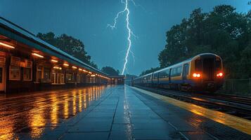 Dark clouds loom over a railway station as powerful lightning strikes nearby. The wet pavement reflects the intense illumination, creating a striking atmosphere. photo