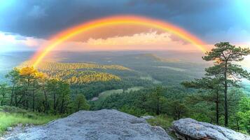 Bright colors of a rainbow stretch across the sky, illuminating the lush green mountains below as sunlight breaks through the clouds during a picturesque moment. photo