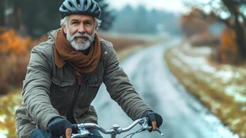 An older man rides his bicycle down a serene, tree-lined path decorated with autumn foliage, enjoying nature. photo