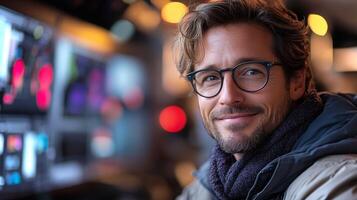 A man with glasses smiles confidently while seated at a busy workstation filled with colorful screens in the evening light. photo