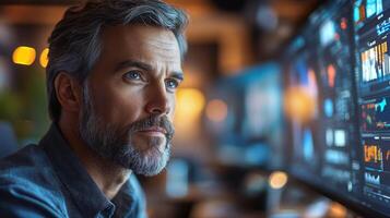 A man with a beard is intently studying digital data displays on multiple monitors in an office at night. photo