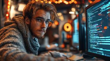 A dedicated programmer is immersed in coding at night with glowing screens, creating a tech-savvy atmosphere filled with creativity. photo