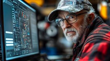 An older engineer intently examines complex computer designs on a screen in a bustling workshop setting. photo