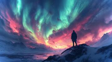 A solitary traveler stands atop a hill, captivated by the mesmerizing display of colorful auroras dancing across the night sky in a remote location. photo