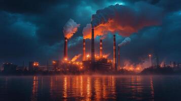 Bright lightning strikes tall chimneys at an industrial site, surrounded by dark clouds and reflections on the water, creating a striking and ominous atmosphere. photo