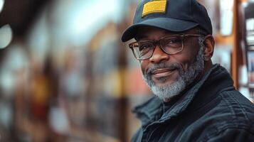 An older man with a warm smile sits casually, wearing glasses and a cap, enjoying the lively atmosphere of the market around him. photo
