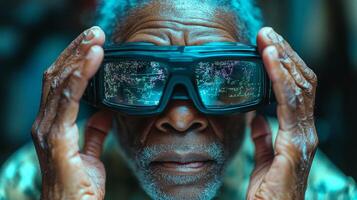 An elderly man closely examines a digital display through advanced glasses, highlighting the intersection of age and technology in a unique setting. photo