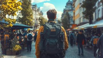 A young traveler with a large backpack walks through a lively market street filled with people and shops under a bright blue sky. photo