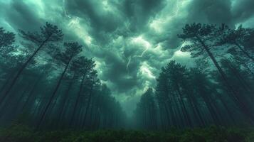Dark storm clouds loom ominously over a dense forest, with tall trees swaying in strong winds. photo