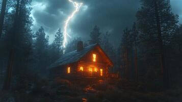 A powerful bolt of lightning illuminates a remote mountain cabin, casting bright light against dark storm clouds and surrounding trees during a wild thunderstorm. photo