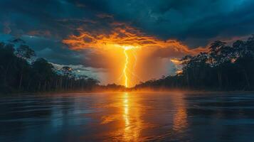 A powerful bolt of lightning illuminates the evening sky as it strikes the surface of a calm river. Dark clouds surround this mesmerizing natural display. photo