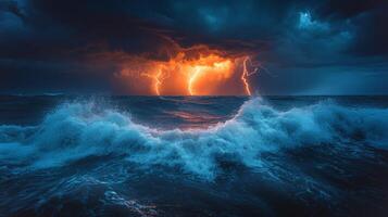 Tumultuous ocean waves crash against each other as lightning bolts illuminate the dark sky during a powerful storm at twilight, creating a stunning natural display. photo